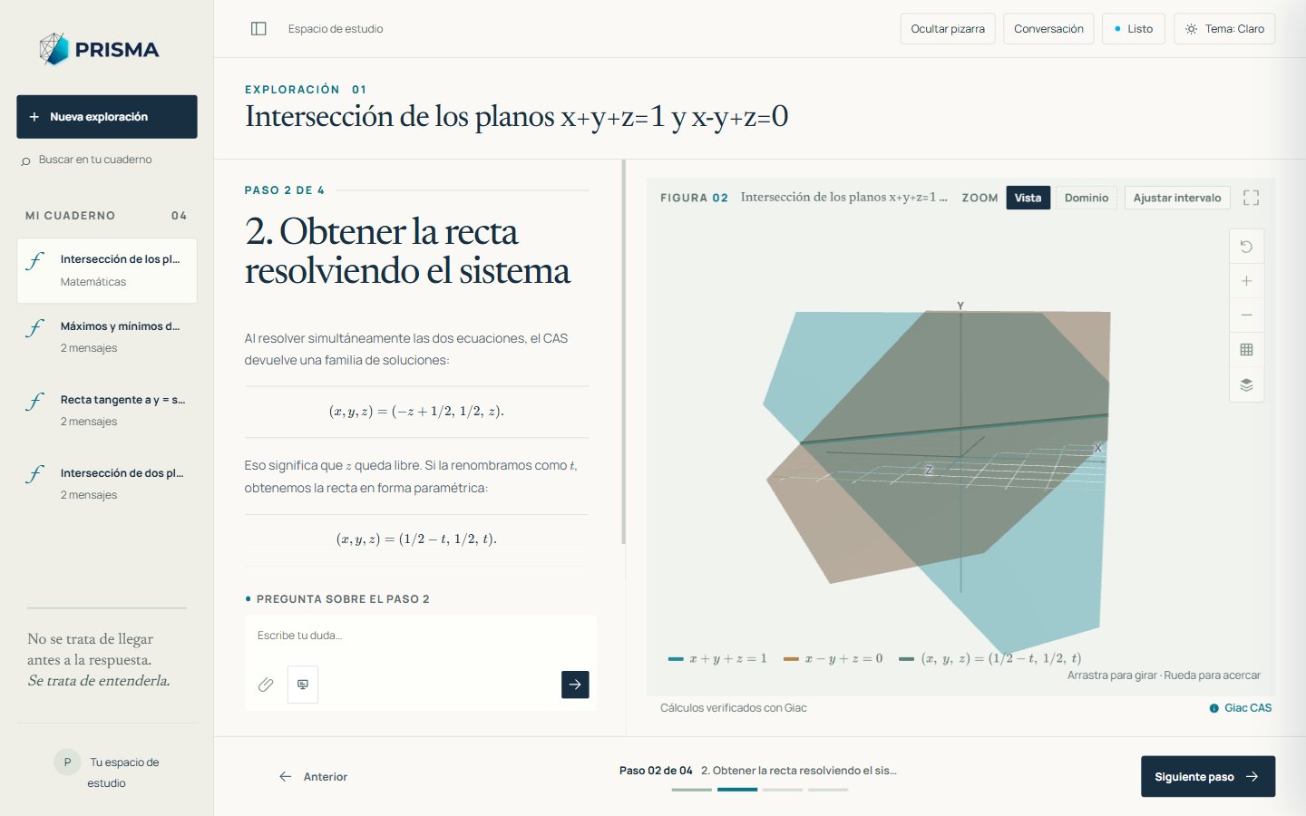 Sala de estudio de PrismaMath con una lección 3D sobre la intersección de dos planos